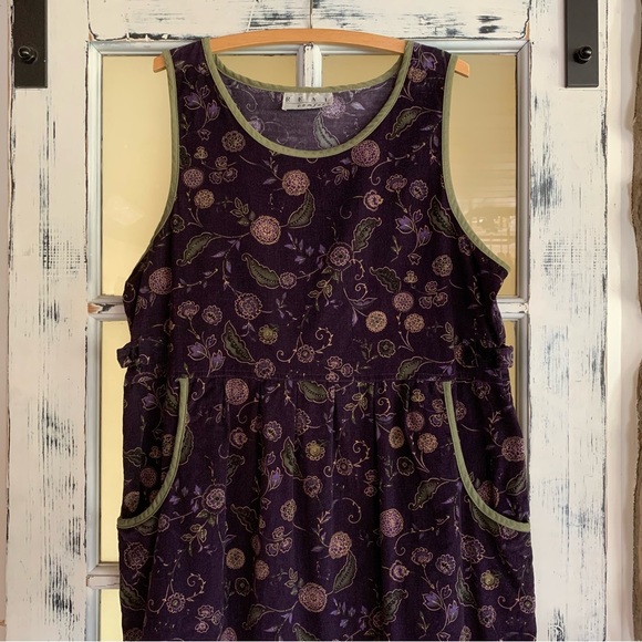 Vintage cotton fine corduroy purple & green flower dress - Picture 2 of 9
